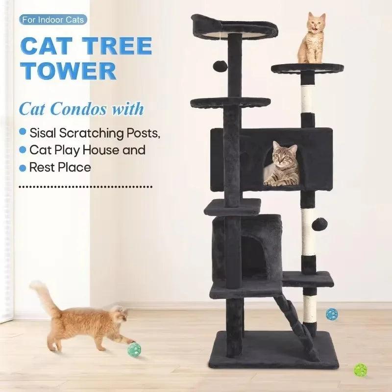 Cat Tree 54in Multi-Level Durable Cat Scratching Post & Cozy Fun Jumping Platform Space Saving Condo Pet Play House for Indoor - Stuff Xs