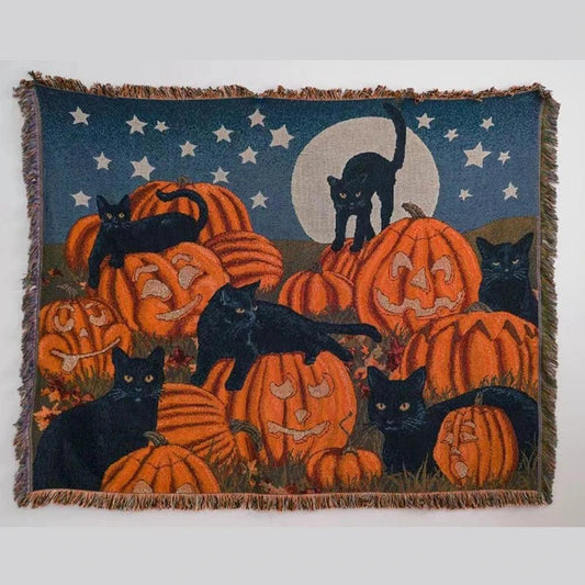 Halloween Black Cat Knitted Blanket For Beds Sofa Towel Full Cover Sofa Blankets Autumn Winter Picnic Mat Throw Tapestry Tassel - Stuff Xs