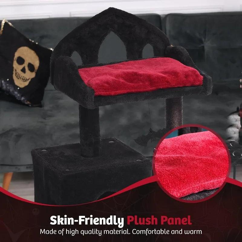 Gothic Cat Tree - 28in Black Cat Tree with Regal Throne Bed, Spacious Cat condo, Spooky Hanging Bat and Durable Sisal Scratching - Stuff Xs