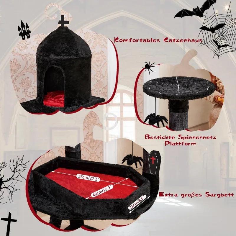 Gothic Cat Tree with Coffin Bed, 55" Multi-Level Cat Tower with Spacious Condo, Scratching Posts, Spider Hanging Ball, Halloween - Stuff Xs