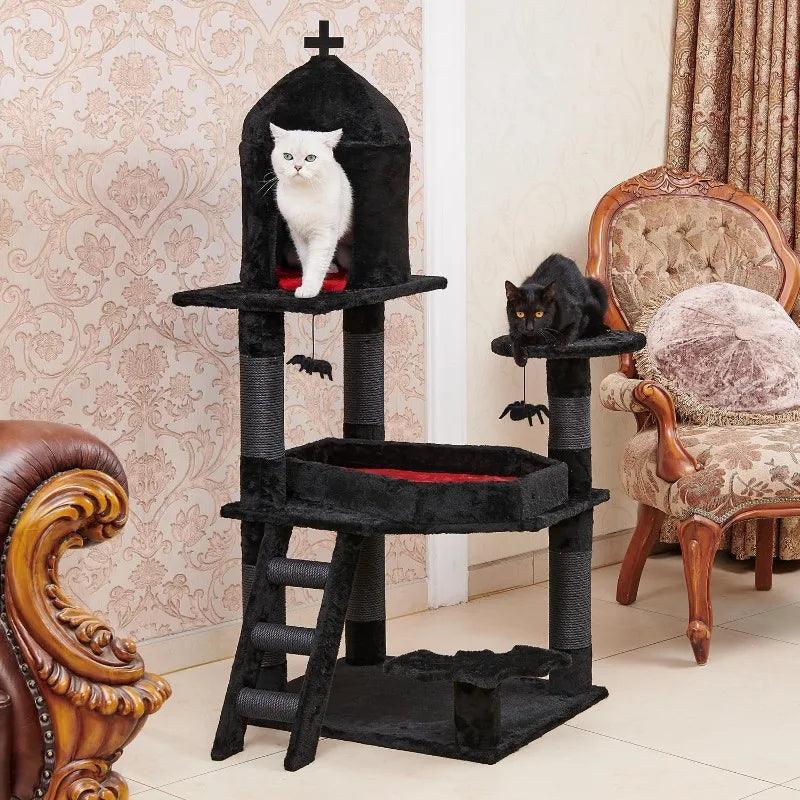 Gothic Cat Tree with Coffin Bed, 55" Multi-Level Cat Tower with Spacious Condo, Scratching Posts, Spider Hanging Ball, Halloween - Stuff Xs