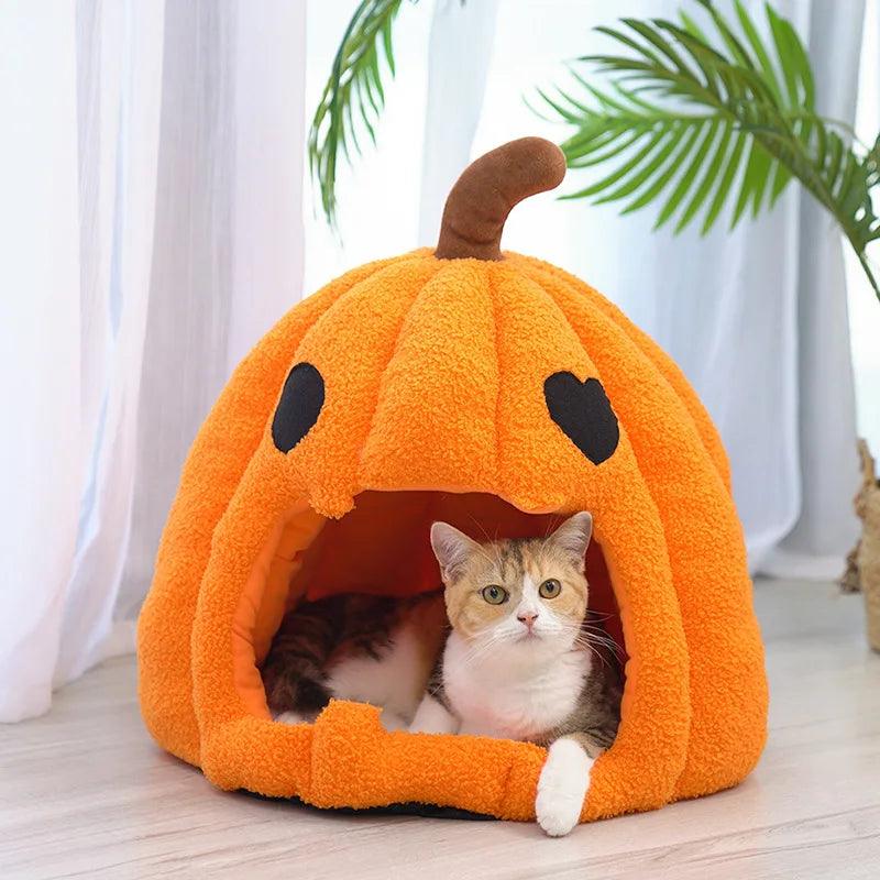 Halloween Pumpkin Cat Nest Autumn and Winter Warm Cat House Closed Cat Kennel Pets Halloween Pets - Stuff Xs