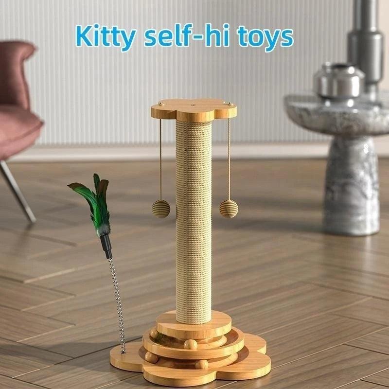 Pet Cat Toy Solid Wood Cat Turntable Funny Cat Stick  Balls Durable Sisal Scratching Board Cat Supplies Cat Grab Column - Stuff Xs