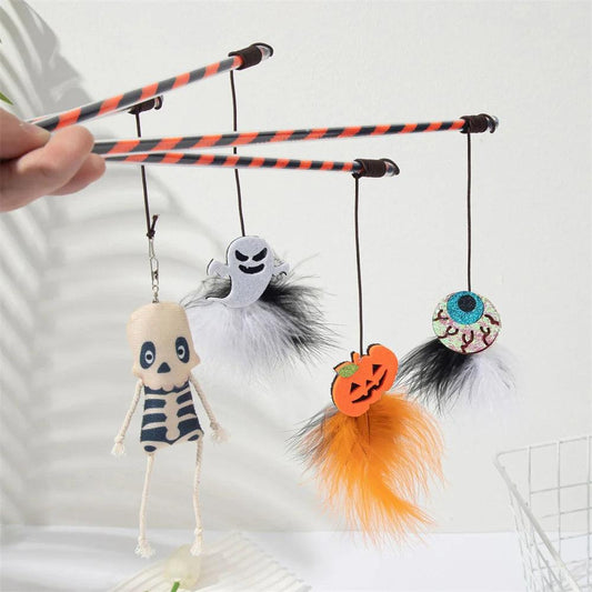 Halloween Cat Toys Pet Cat Teaser Wand Funny Pumpkin Ghost Feather Bell Toys for Cat Pet Interactive Toys Halloween Supplies - Stuff Xs