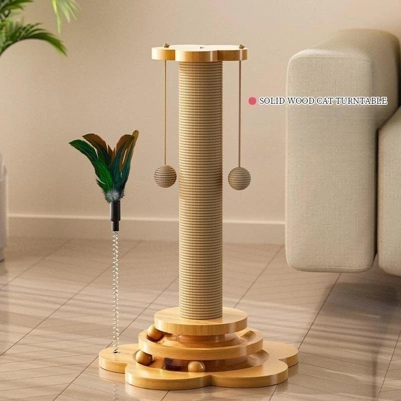 Pet Cat Toy Solid Wood Cat Turntable Funny Cat Stick  Balls Durable Sisal Scratching Board Cat Supplies Cat Grab Column - Stuff Xs