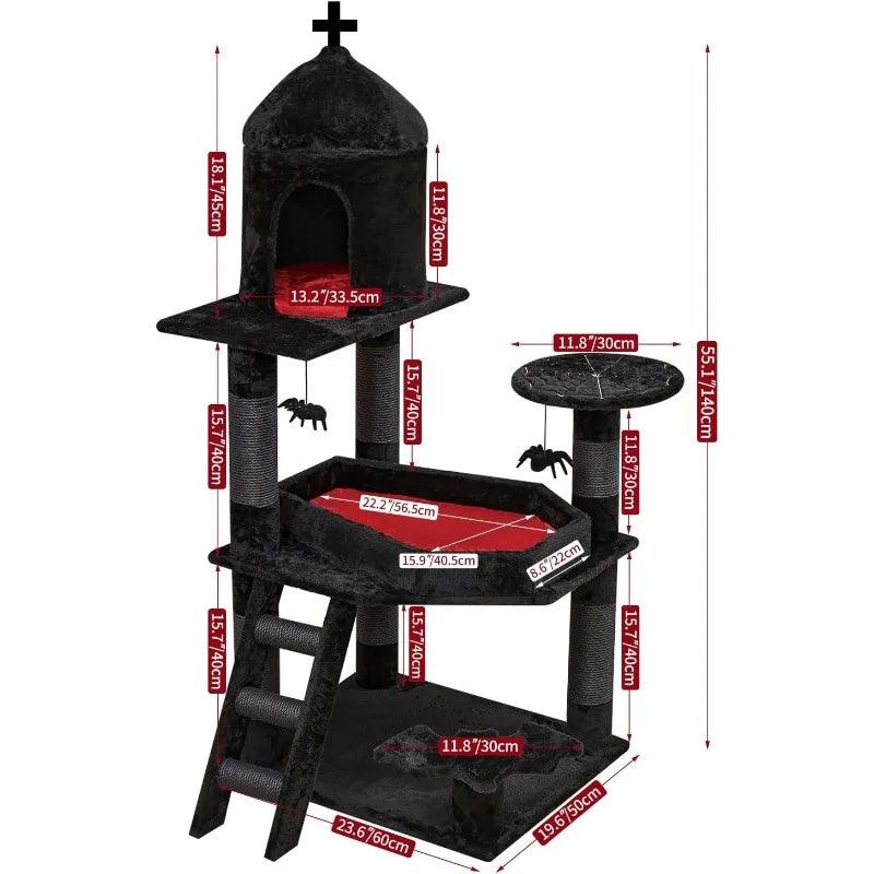 Gothic Cat Tree with Coffin Bed, 55" Multi-Level Cat Tower with Spacious Condo, Scratching Posts, Spider Hanging Ball, Halloween - Stuff Xs