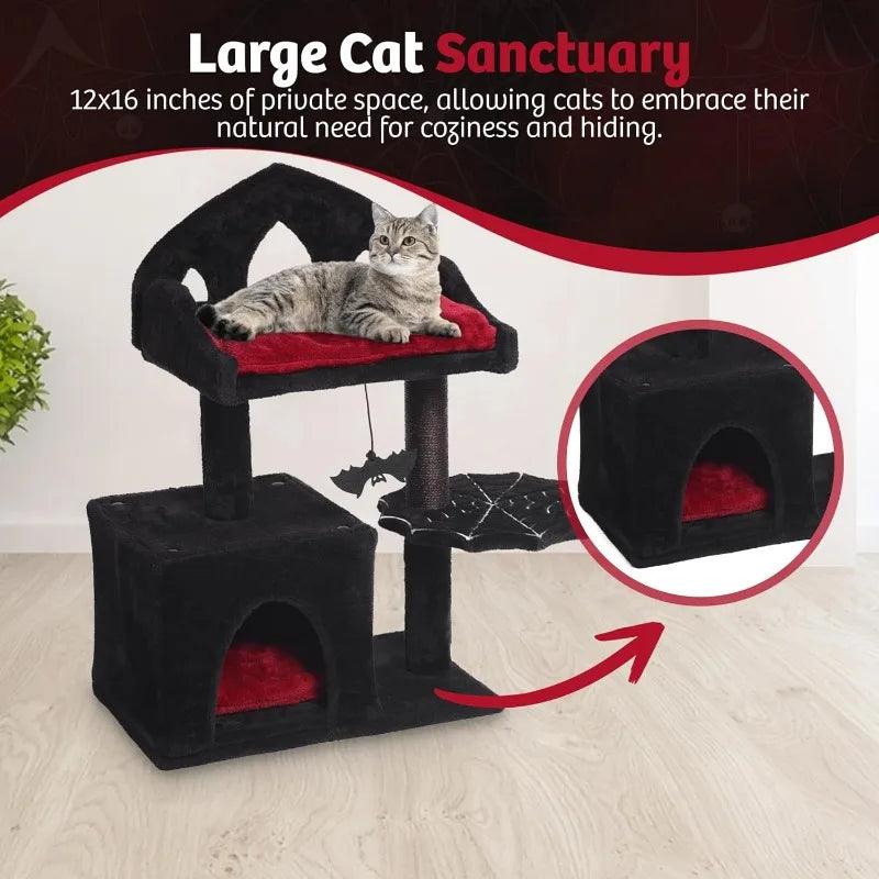 Gothic Cat Tree - 28in Black Cat Tree with Regal Throne Bed, Spacious Cat condo, Spooky Hanging Bat and Durable Sisal Scratching - Stuff Xs