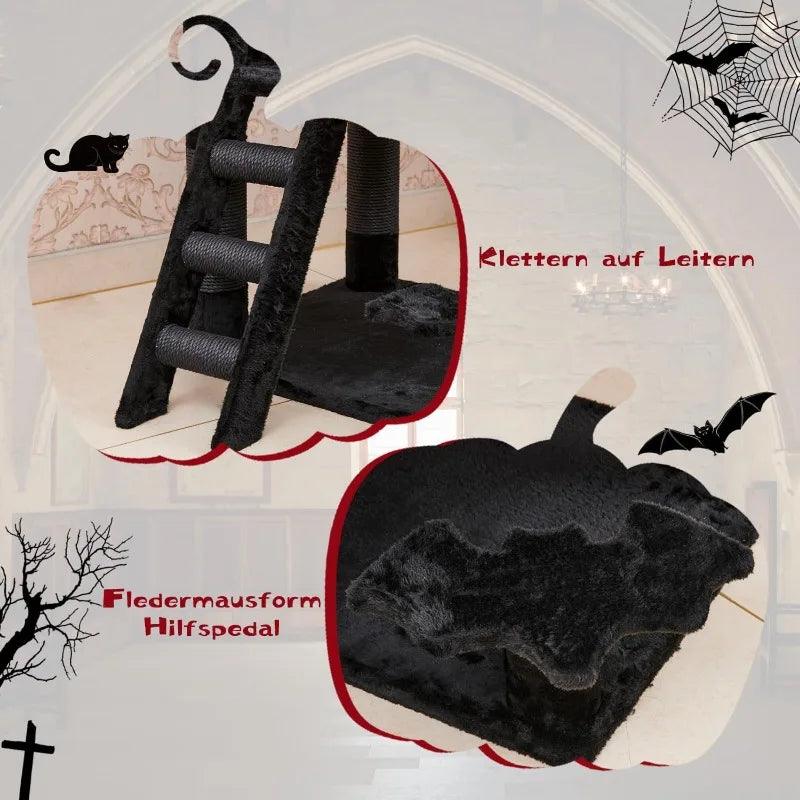 Gothic Cat Tree with Coffin Bed, 55" Multi-Level Cat Tower with Spacious Condo, Scratching Posts, Spider Hanging Ball, Halloween - Stuff Xs