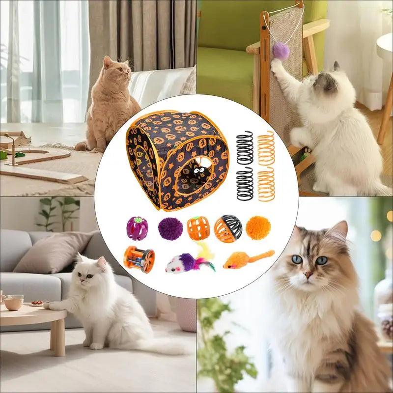 Cat Toys For Kittens Halloween Pumpkin Cube Catnip Toy Set Hide And Seek Cat Toy Feather Toys Cat Play Tunnel For Small Pets - Stuff Xs