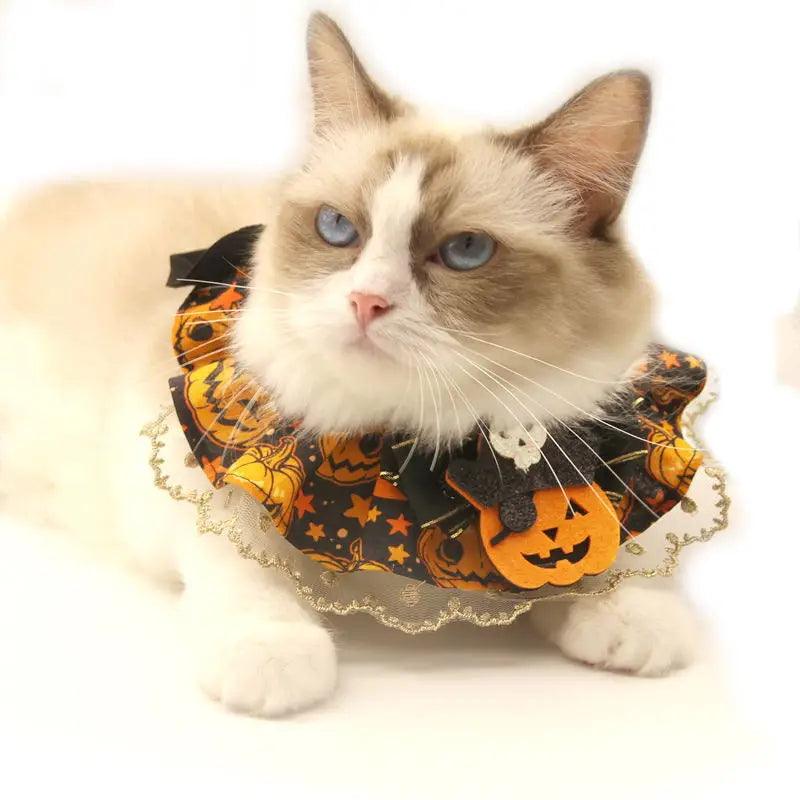 Creative Halloween Lace Cat Collar with Adjustable Bib Scarf for Pet Costume Pumpkin Lace Collar for Cats Halloween Dog Necklace - Stuff Xs