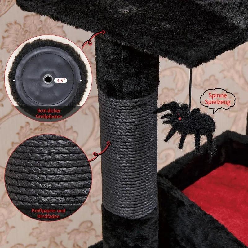 Gothic Cat Tree with Coffin Bed, 55" Multi-Level Cat Tower with Spacious Condo, Scratching Posts, Spider Hanging Ball, Halloween - Stuff Xs