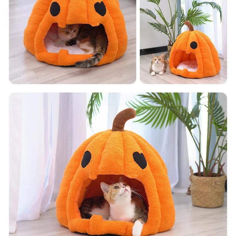 Halloween Pumpkin Cat Nest Autumn and Winter Warm Cat House Closed Cat Kennel Pets Halloween Pets - Stuff Xs