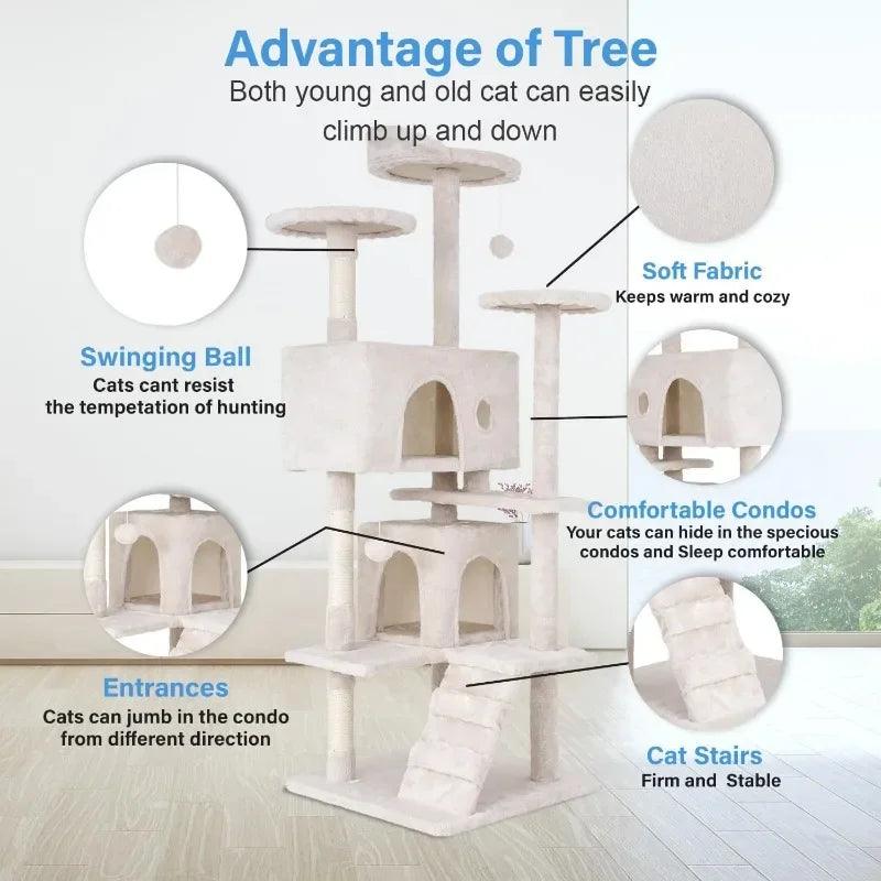 Cat Tree 54in Multi-Level Durable Cat Scratching Post & Cozy Fun Jumping Platform Space Saving Condo Pet Play House for Indoor - Stuff Xs